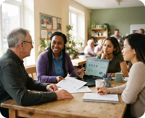 Photo of a man and four women reviewing files at a table