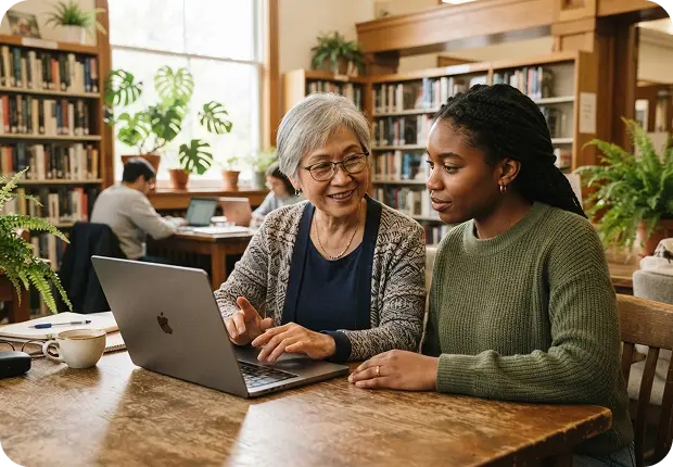 Photo of older woman and younger woman looking at a MacBook together
