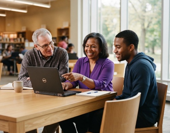 Photo of three people sitting at a table looking at a laptop